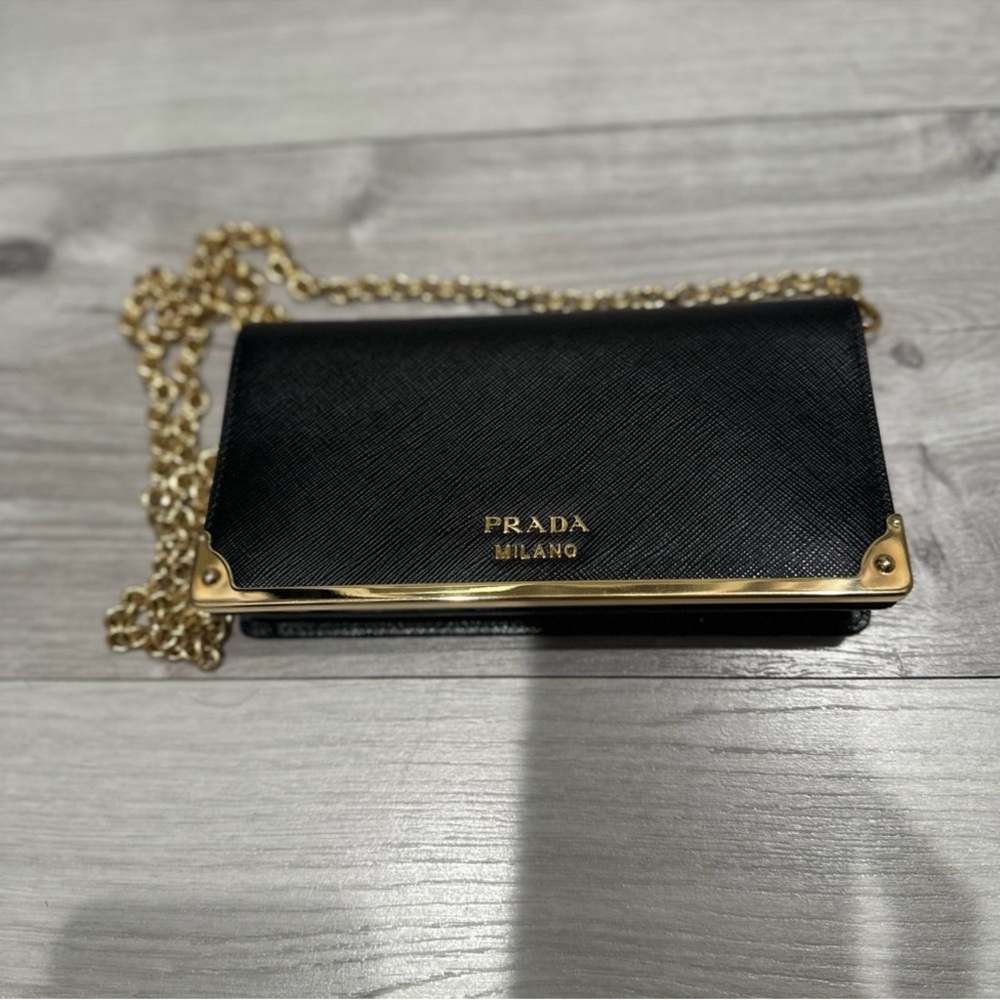 Prada Black and Gold Saffiano Leather Wallet on a Chain - Picture 6 of 11
